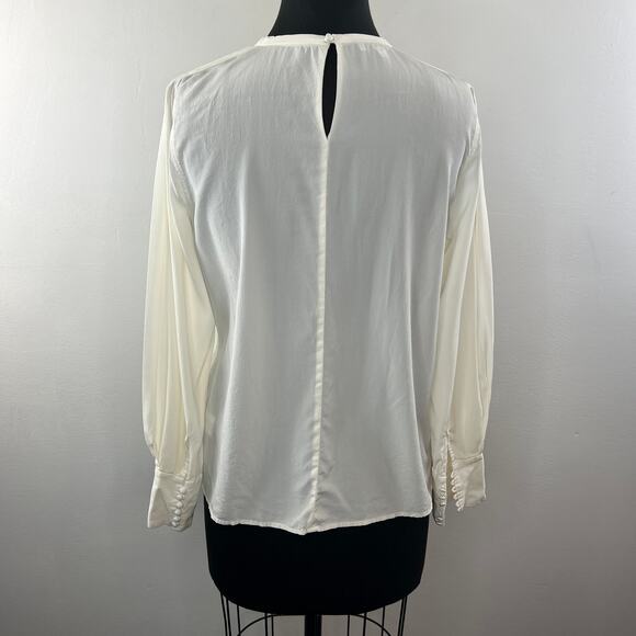 EQUIPMENT Femme White Silk Pleated Front Long Sleeve Round Neck Blouse Top Sz M - Picture 7 of 10